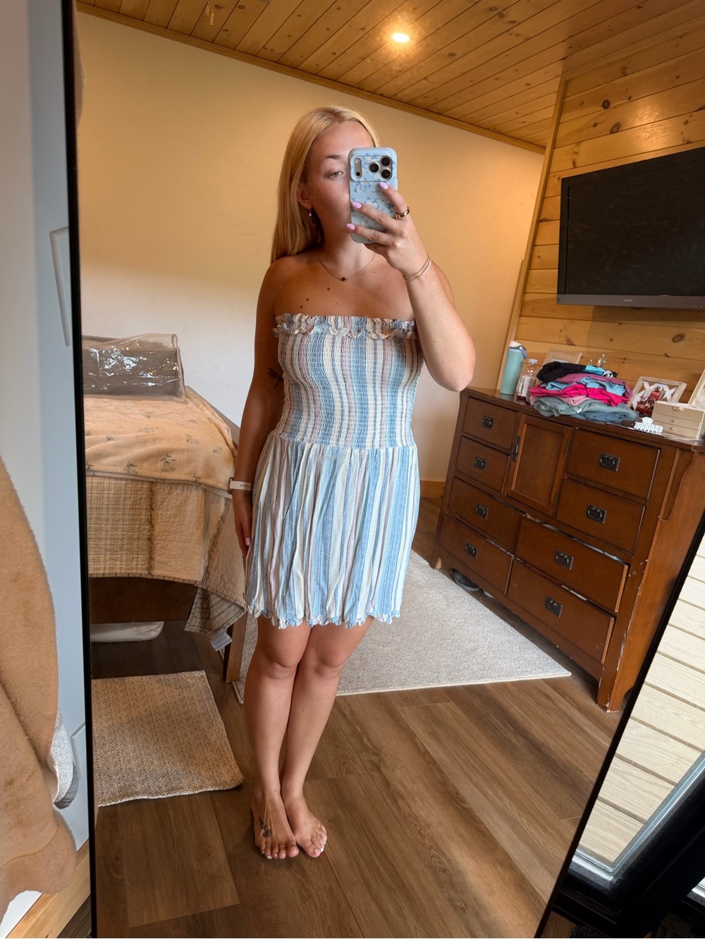 Ocean Drive Strapless Blue & White Smocked Sundress